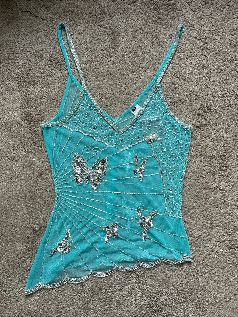Y2K Turquoise Embellished Butterfly Mesh Cami Top